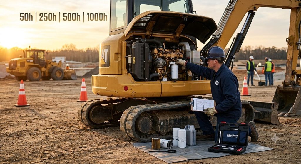 A certified heavy machinery technician performing a scheduled maintenance check on an excavator at an active construction site.
