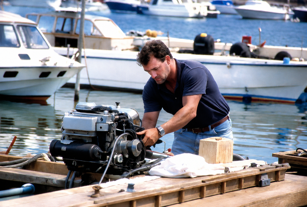 Man working on boat engine in marina