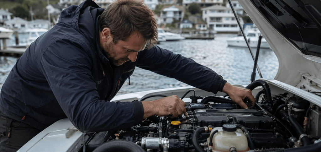 Marine mechanic inspecting an inboard diesel boat engine at a Melbourne marina